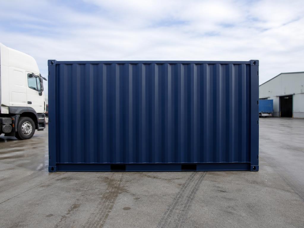 A single 10ft navy shipping container at a UK haulage depot