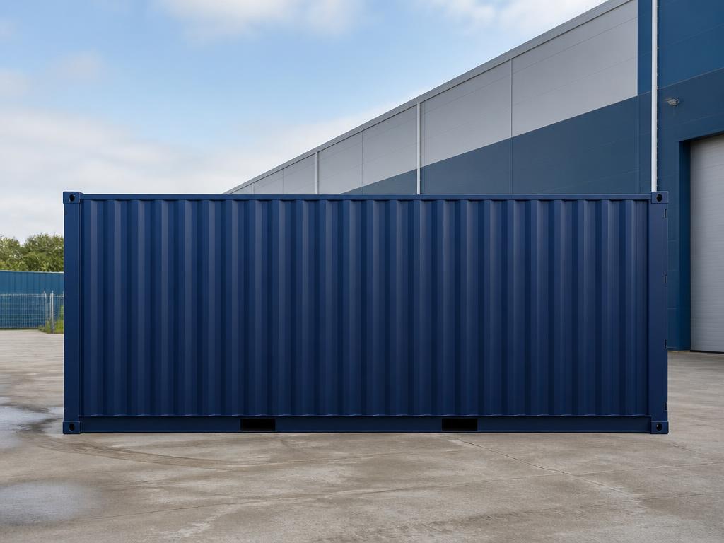 A single 20ft navy shipping container at a UK logistics yard