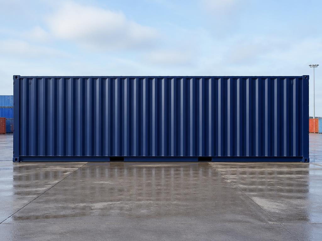 A single 40ft navy shipping container at a UK transport depot