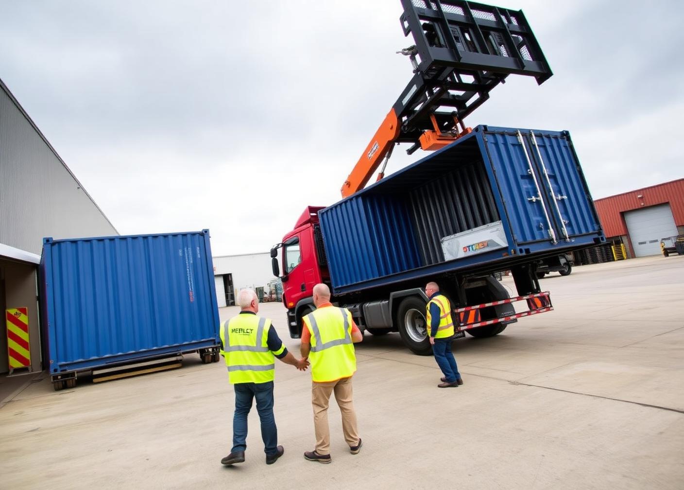 Container being unloaded from a delivery lorry by a crane arm
