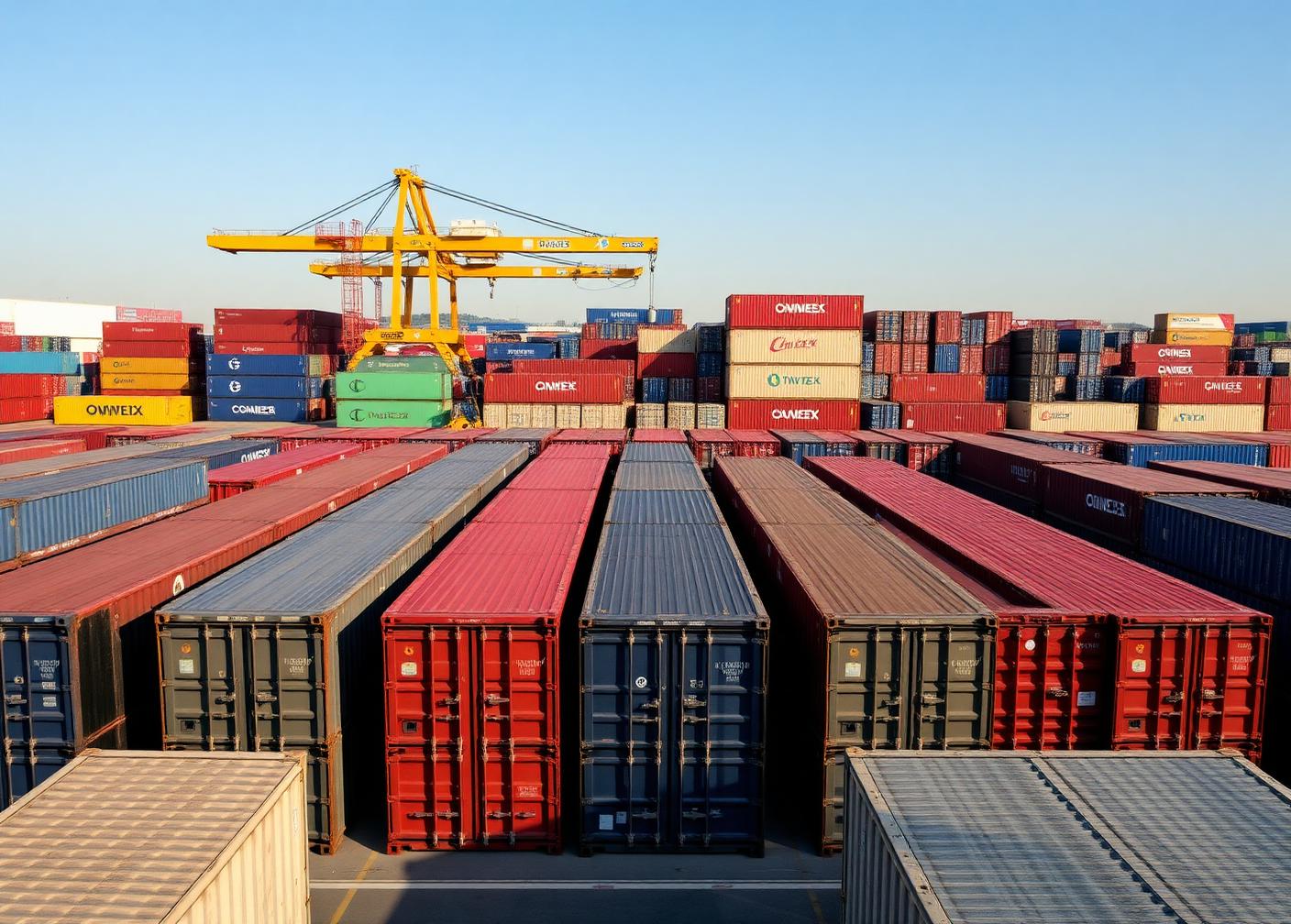Rows of shipping containers stacked in a port storage yard