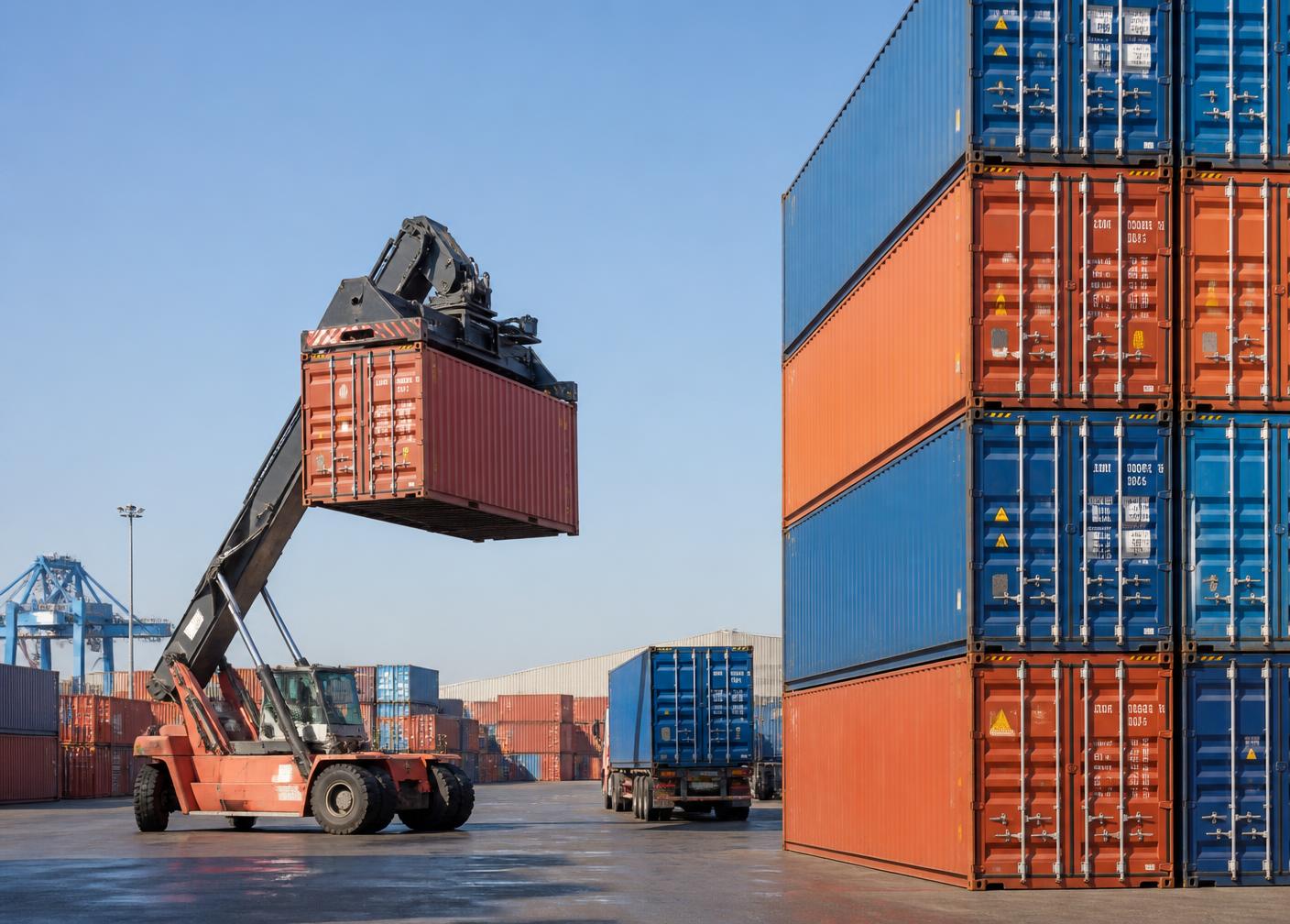 Stacked shipping containers in a port yard