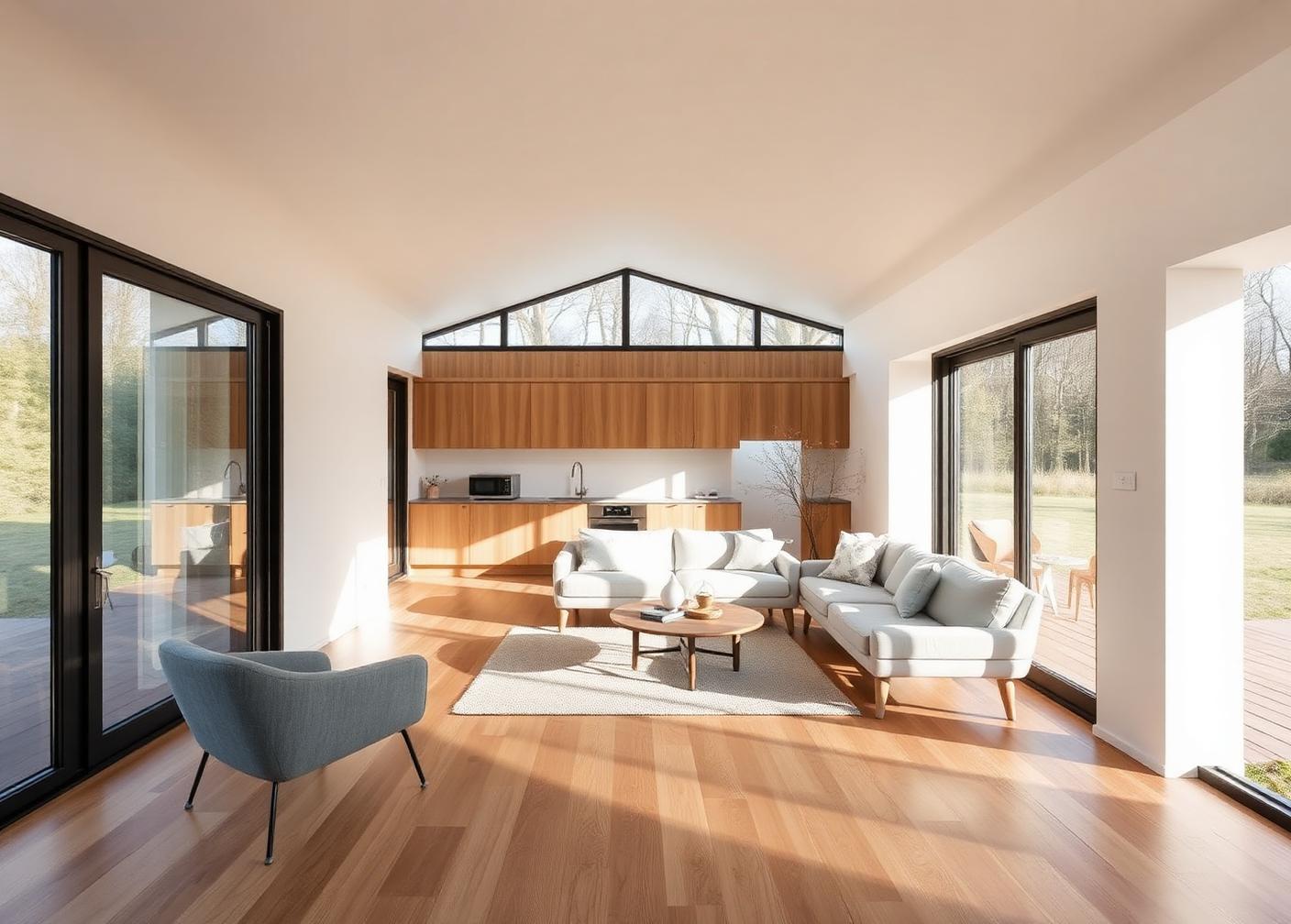 Bright interior of a modular home with oak floors and glazed sliding doors