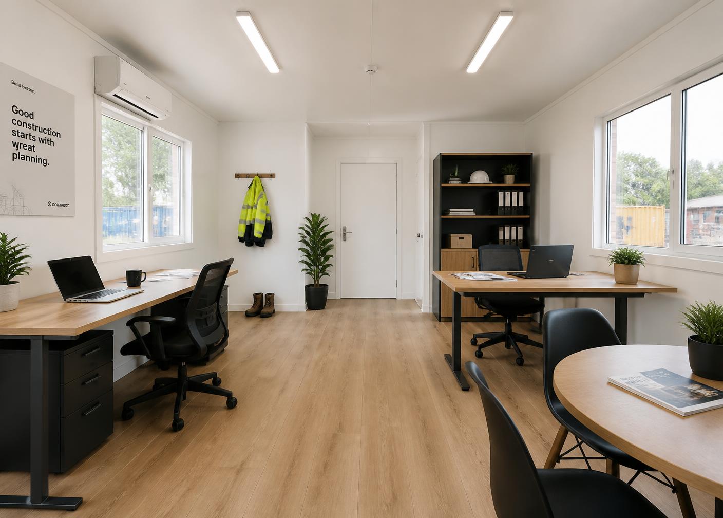Interior of a fitted modular site office with desks and natural light